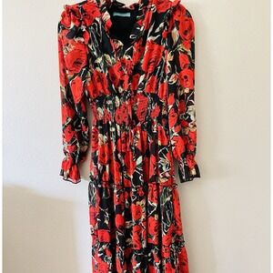 Maxi Long Red Floral Dress Smocked Waist Mock Neck Lined‎ Fall Winter Sz S